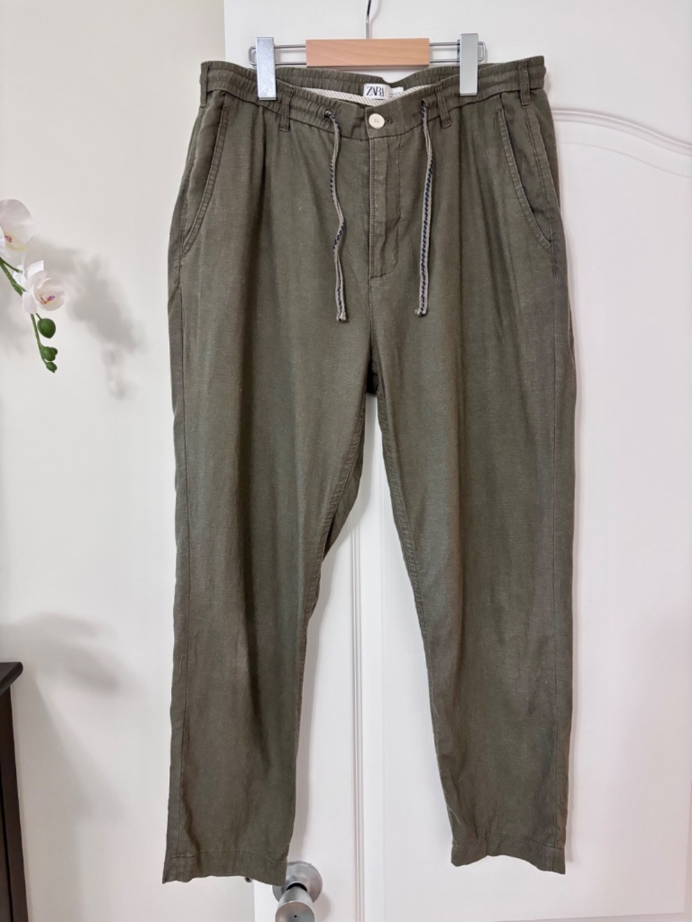 Zara Olive Green Linen Blend Cropped Pants Women’s Size Medium